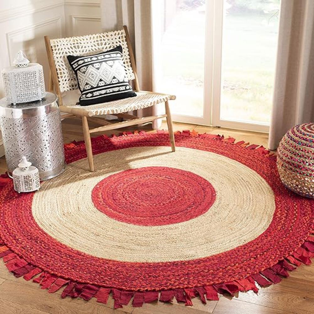 Handmade Red & Beige Round Jute Rug with Fringe – Braided Natural Area Rug