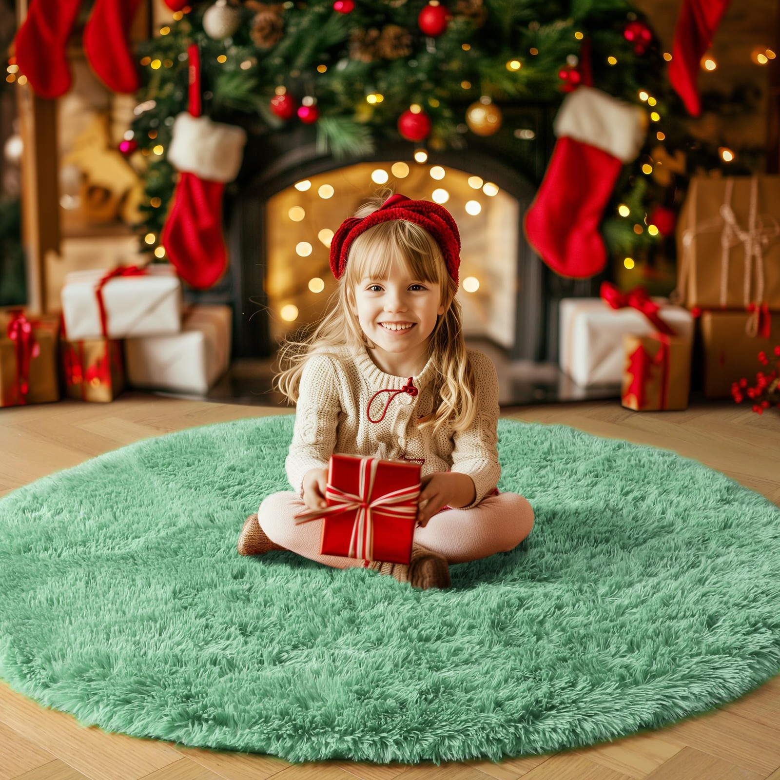 Amdrebio Sage Green Round Rug 5Ft Bedroom, Fluffy Furry Circle Nursery Kids Room