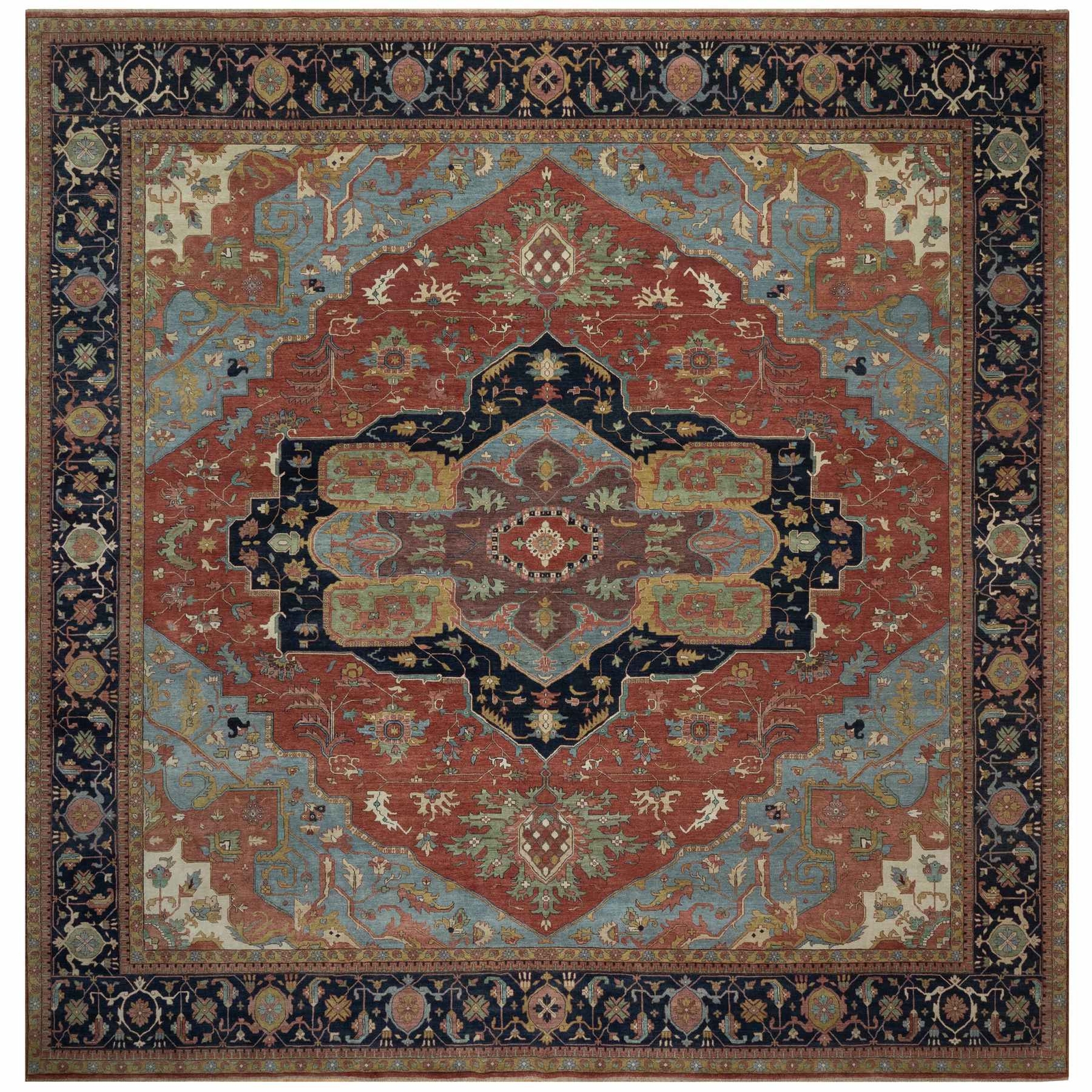 16’2″x16’2″ Red Antiqued Heris Re-Creation Hand Knotted Wool Square Rug R91404
