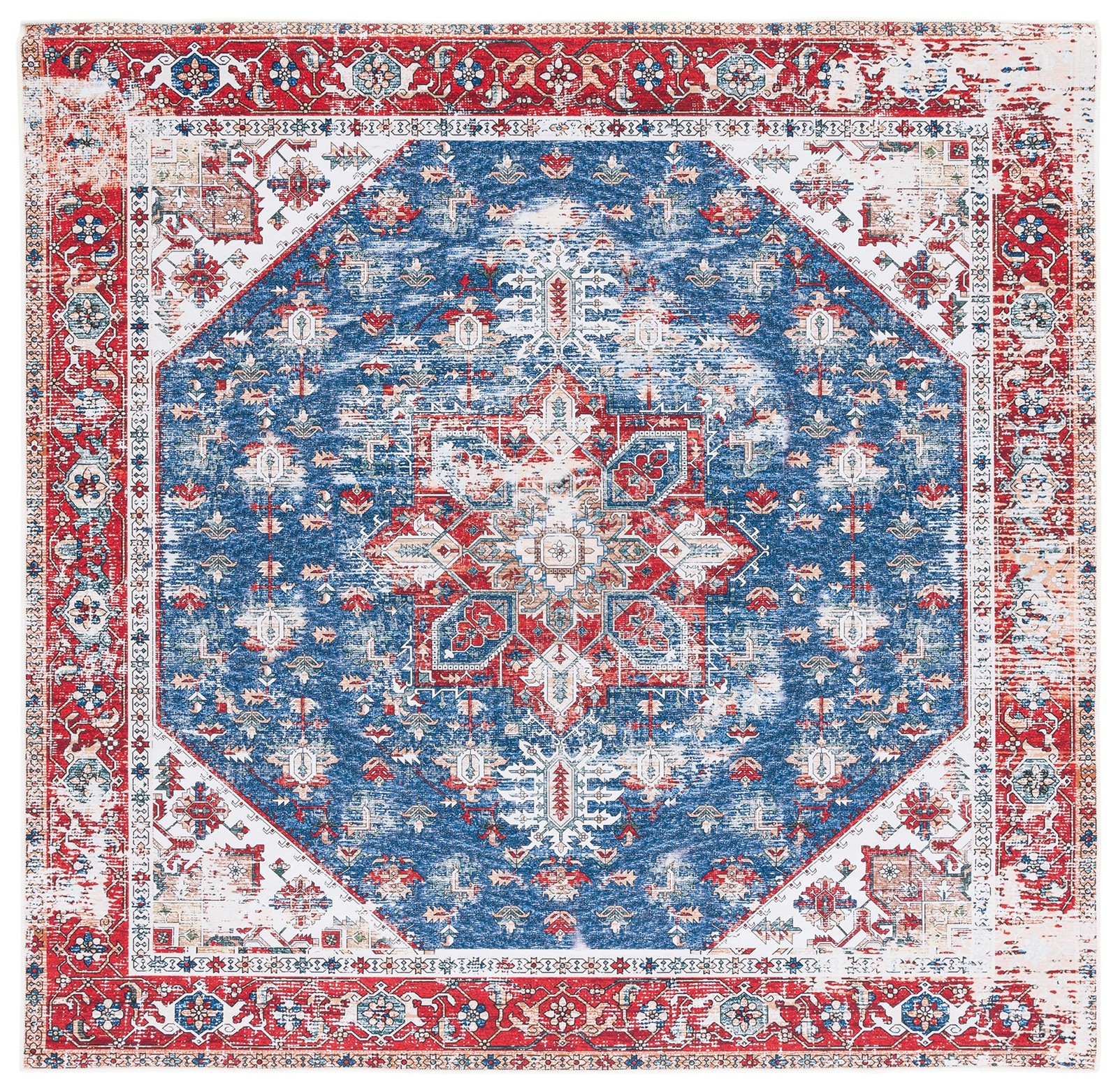 Washable Rug Tucson Collection – 4′ Square, Blue & Red, Slip Resistant & Easy…