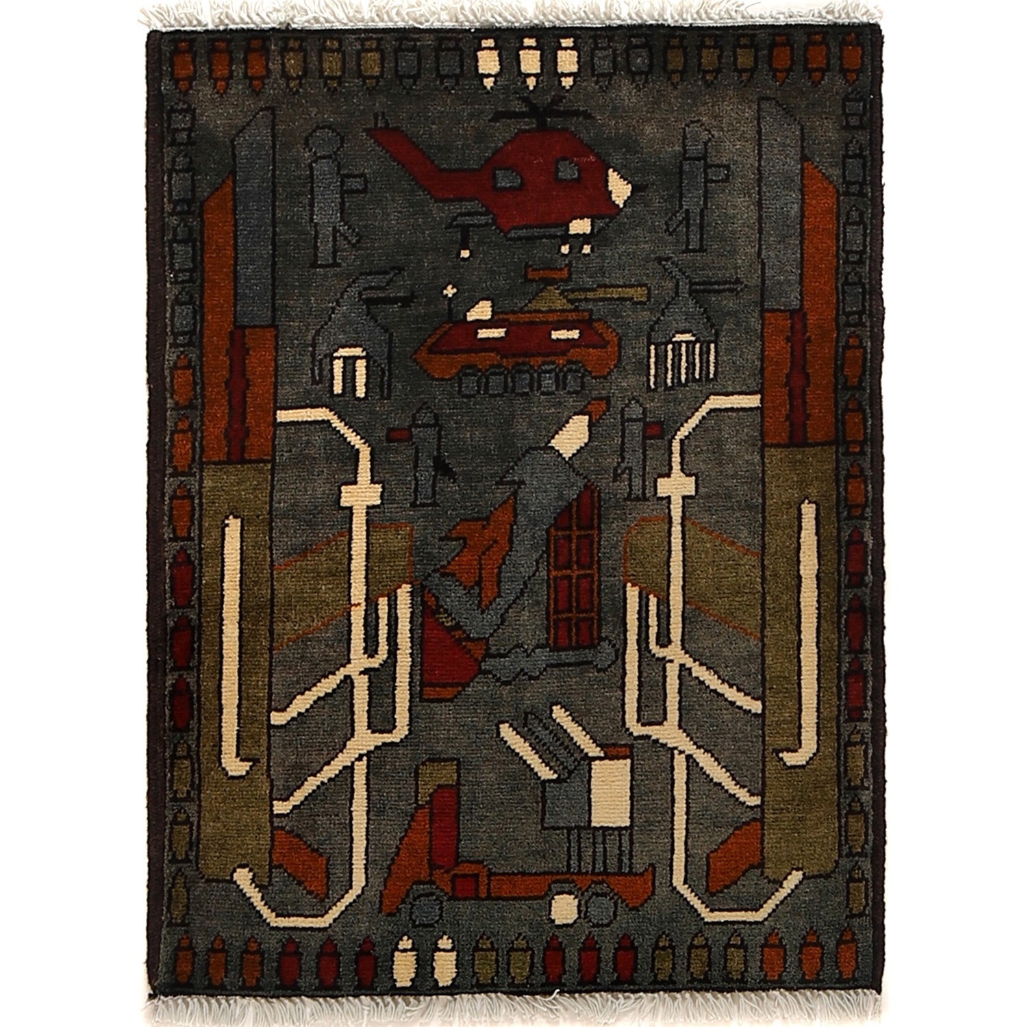 Traditional Handmade Helicopter M416 War Design Small Grey Rug 2’x2’7 ft