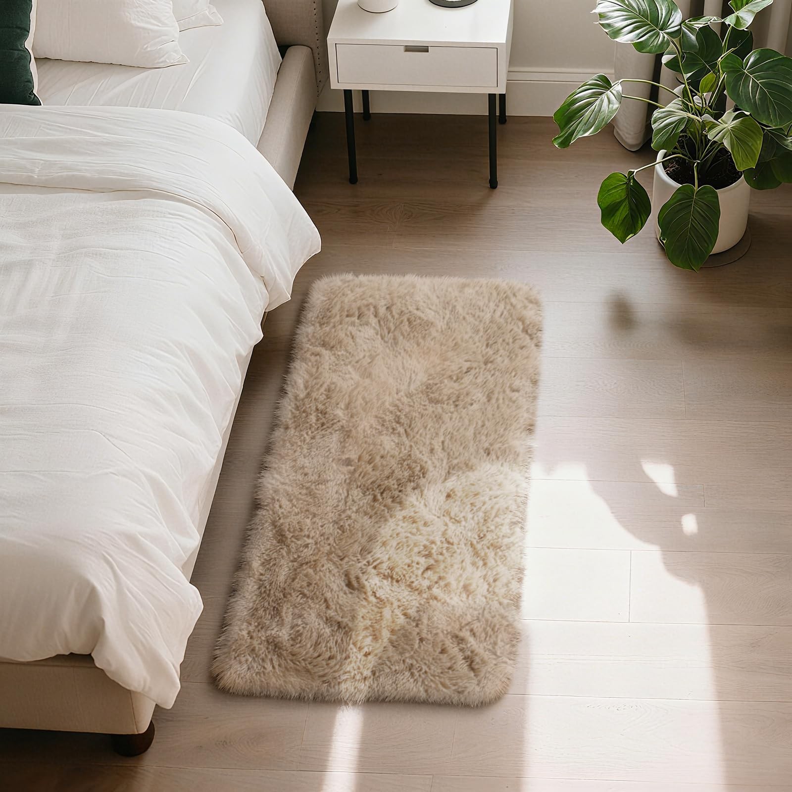 Fluffy Rug Shaggy Area Rug, Beige 2×4 Area Rugs for Bedroom, Small Bedside Ru…