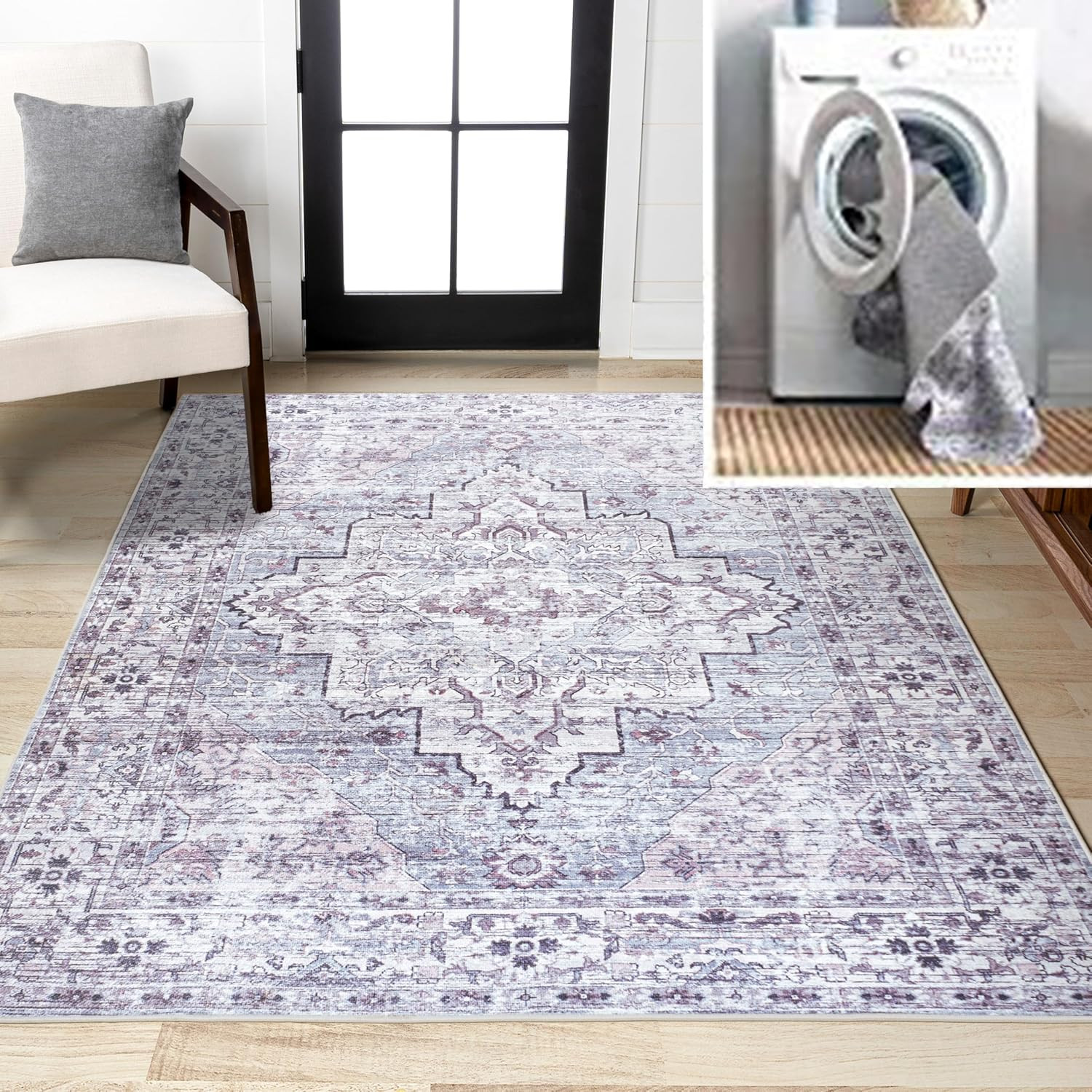 Machine Washable Gray/Purple Indoor Area Rug 3X5 Ft, Didim Boho Medallion for Li