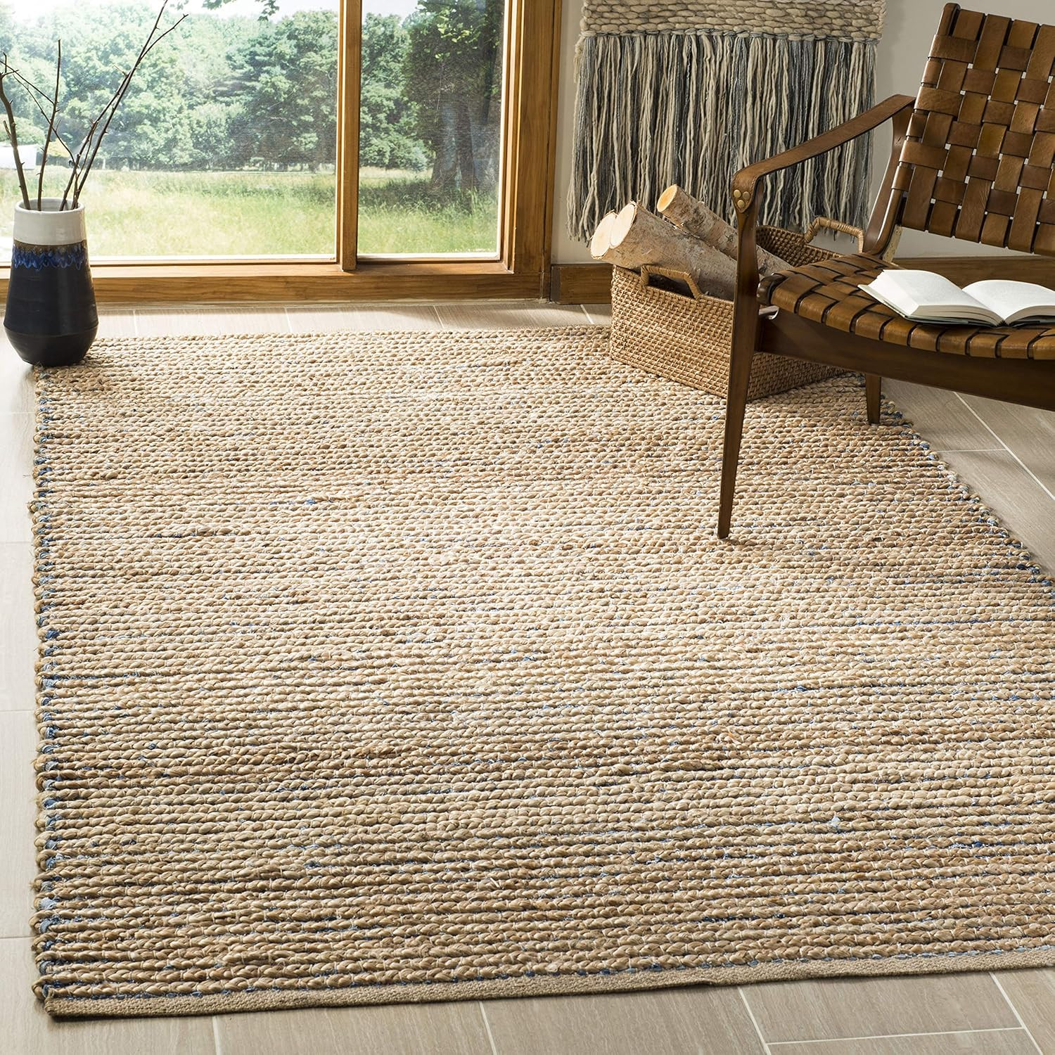 Handmade Cape Cod Area Rug 6′ x 9′ – Natural & Blue Boho Jute for High Traffic