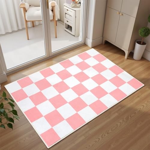 Pink and White Checkered Rug for Entryway,2×3 Small Area Rugs Washable with