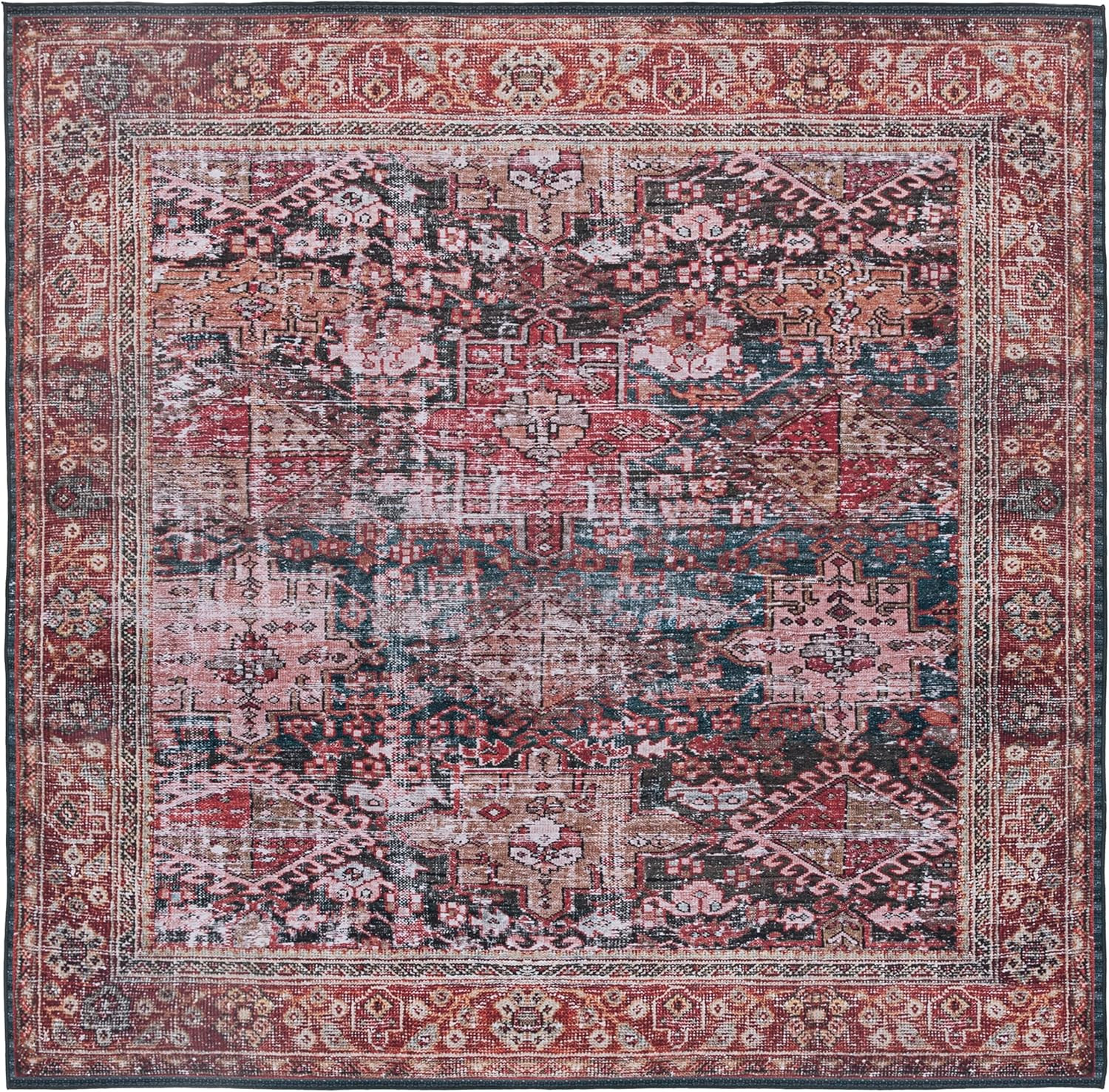 Washable Rug Tucson Collection – 8′ Square, Rust & Green, Slip Resistant & Easy