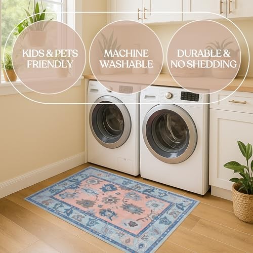 Modern Oushak Rug, Vintage, Turkish, Eclectic, Floral, Pastel, Washable, Area