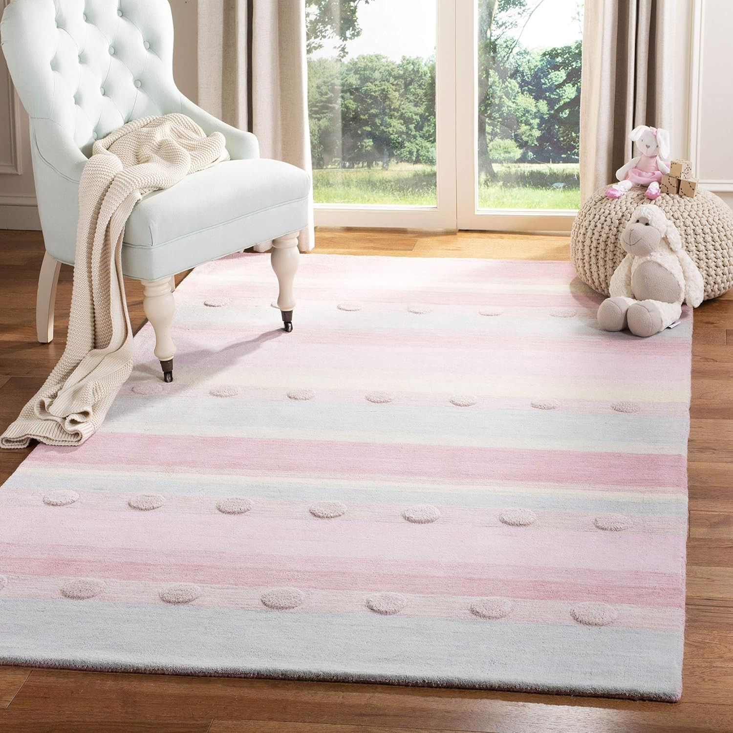 Handmade Stripe Area Rug for Kids – 5′ x 8′, Light Blue & Pink