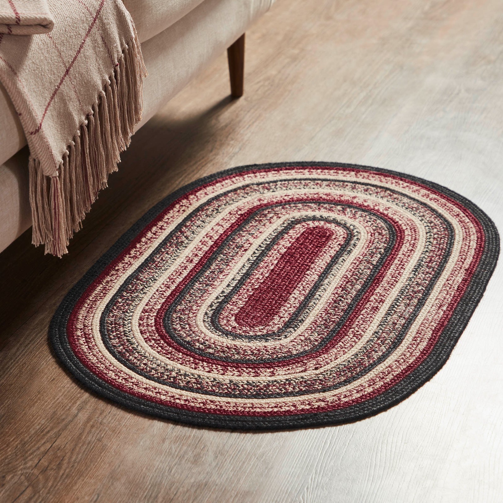 VHC Connell Black Burgundy Natural Country Cottage Farmhouse Oval Braided Rug