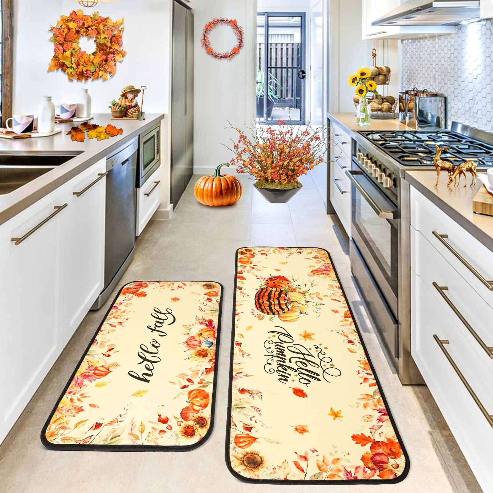 2 PCS Fall Kitchen Rugs Pumpkin Sunflower NonSlip Floor Mat 17×47 17×30 Inch