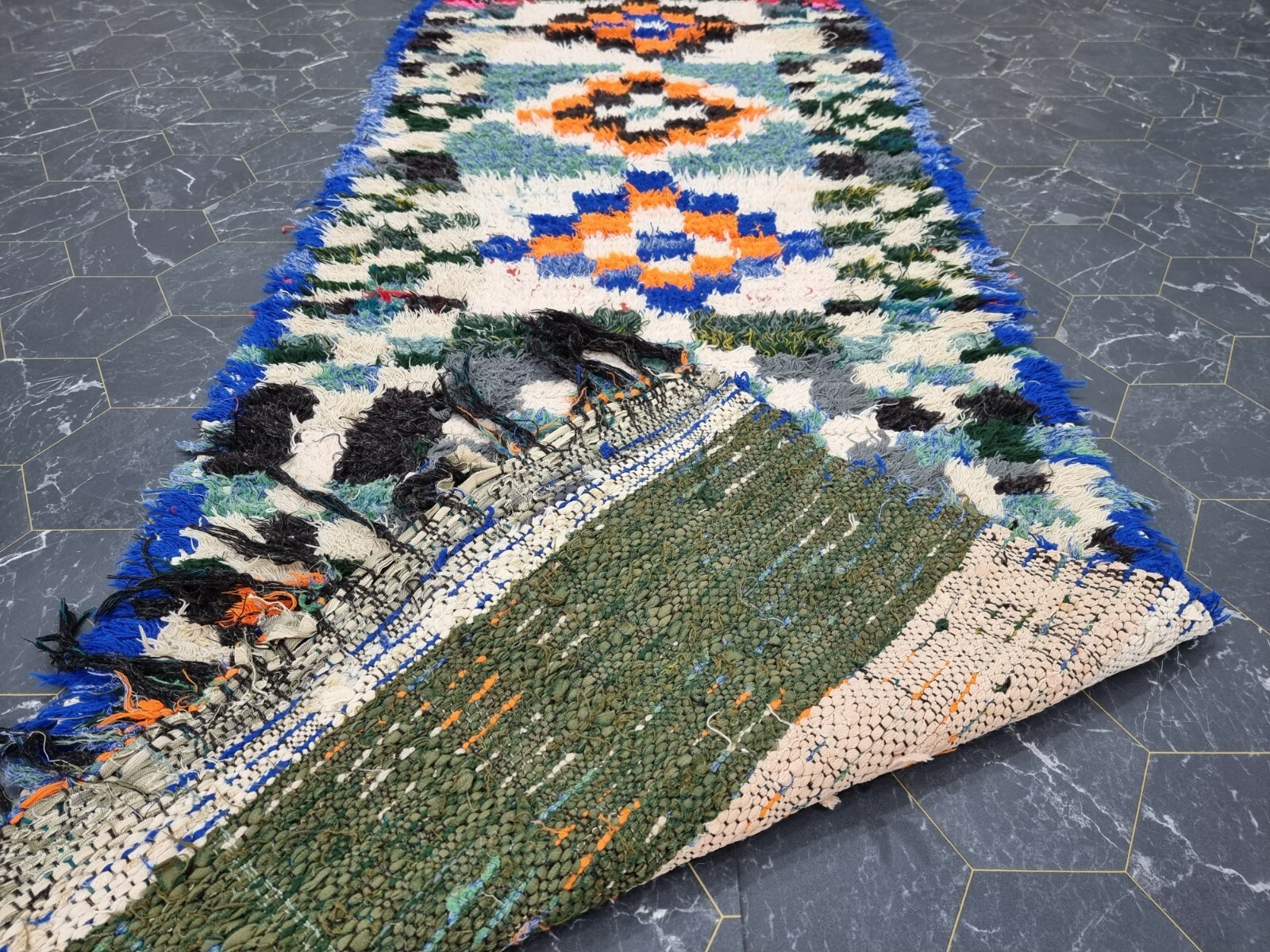 Moroccan Handmade Vintage Runner 2’4″x9’3″ Berber Geometric Orange Black Carpet