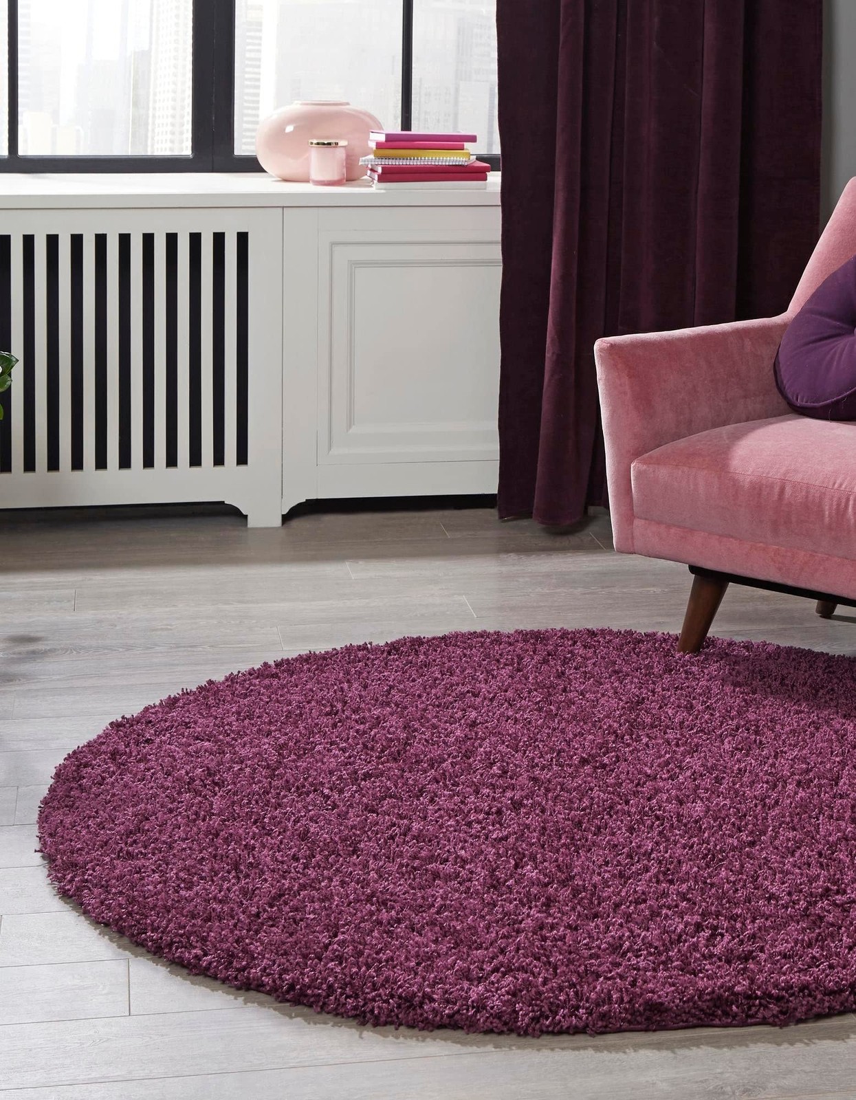 Unique Loom Solid Shag Collection Area Rug 6 1 Round Eggplant Purple 3136706