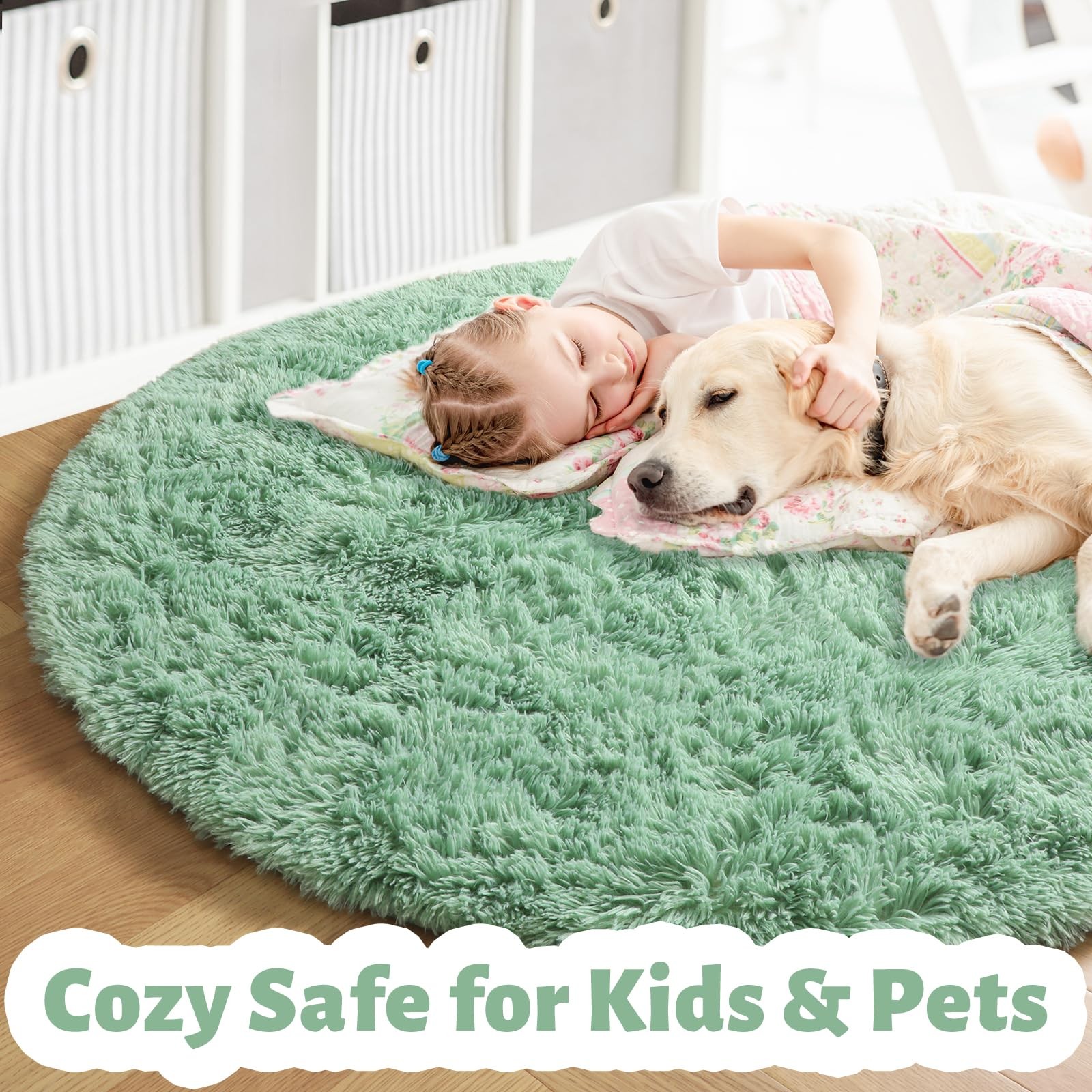 Amdrebio Sage Green Round Rug 5Ft Bedroom, Fluffy Furry Circle Nursery Kids Room