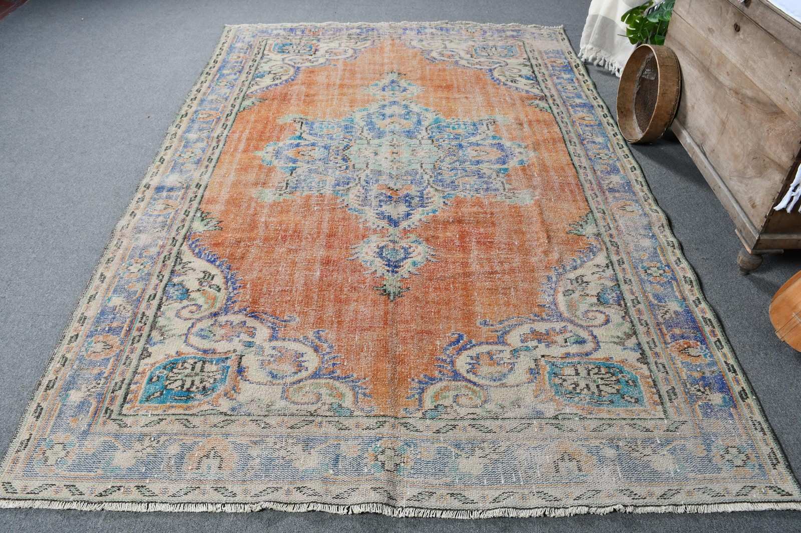 Turkish Vintage Rug 6,2×9,4 ft, Orange Oriental Wool Rug