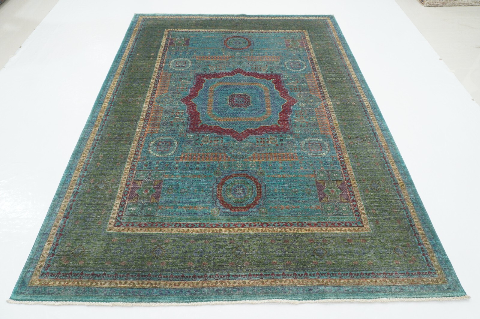 6×8 ft Blue Green Mamluk Afghan Hand Knotted Veg dyes Wool Medallion Rug
