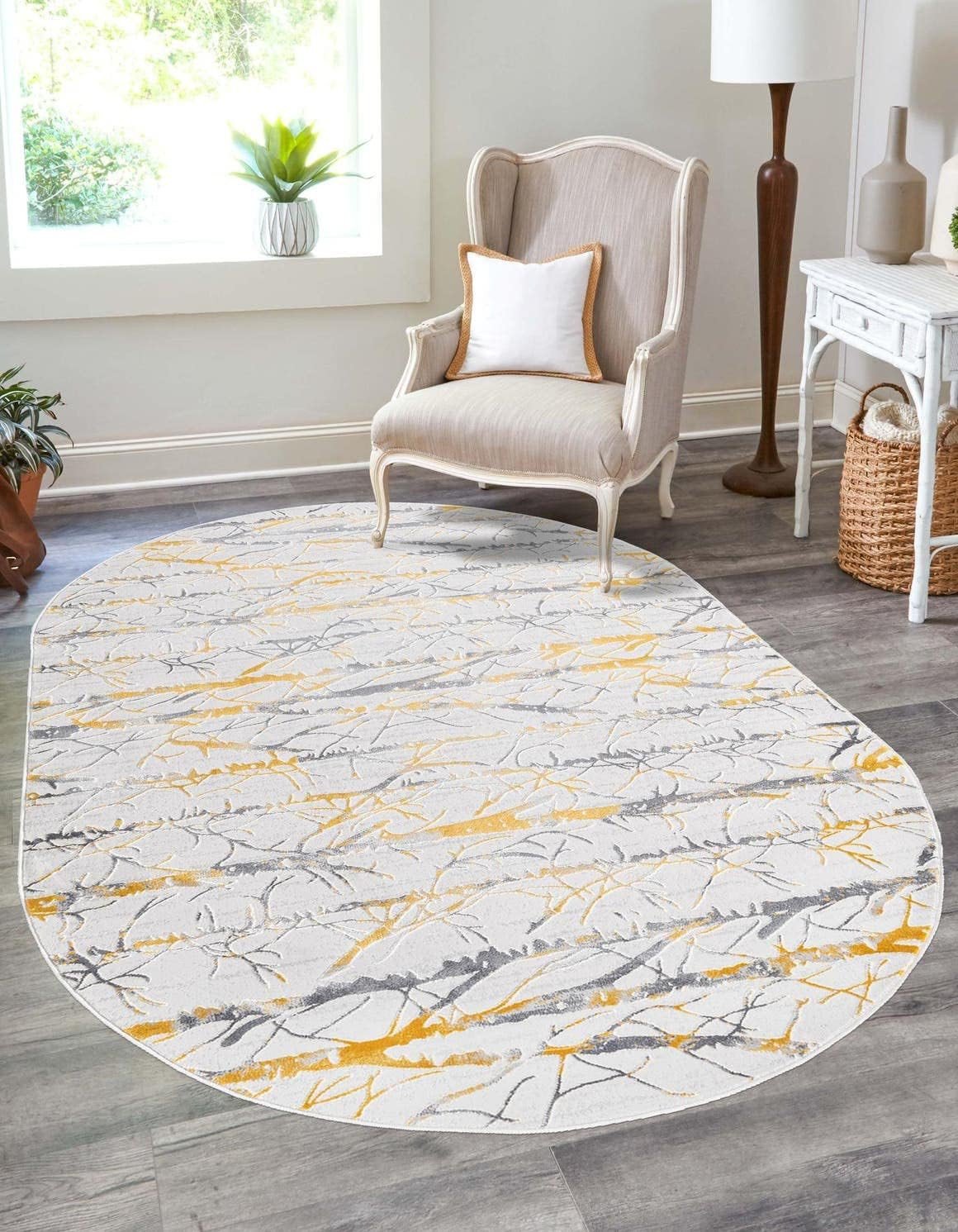 Finsbury Collection Anne Oval Area Rug – Yellow & Gray/Ivory 5’3″ x 8