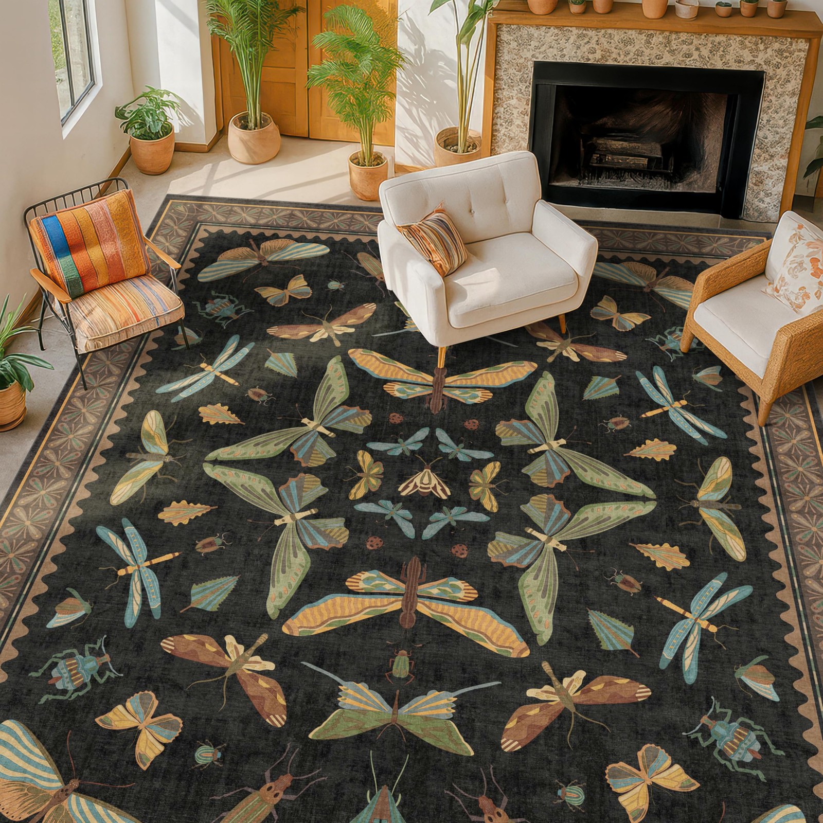 Washable Insect Area Rug 8×10 – Bug, Dragonfly, Bee, Moth Print – Soft Non