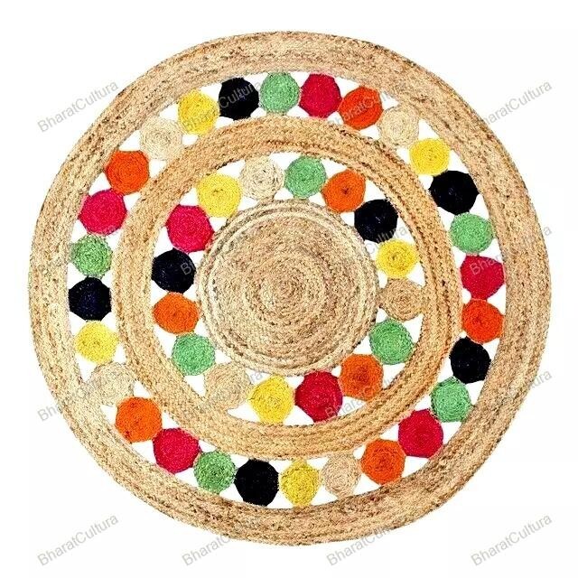 7 x 7 Feet Hand Woven Hippie Area Jute Rugs Indian Handmade Multicolor Carpet