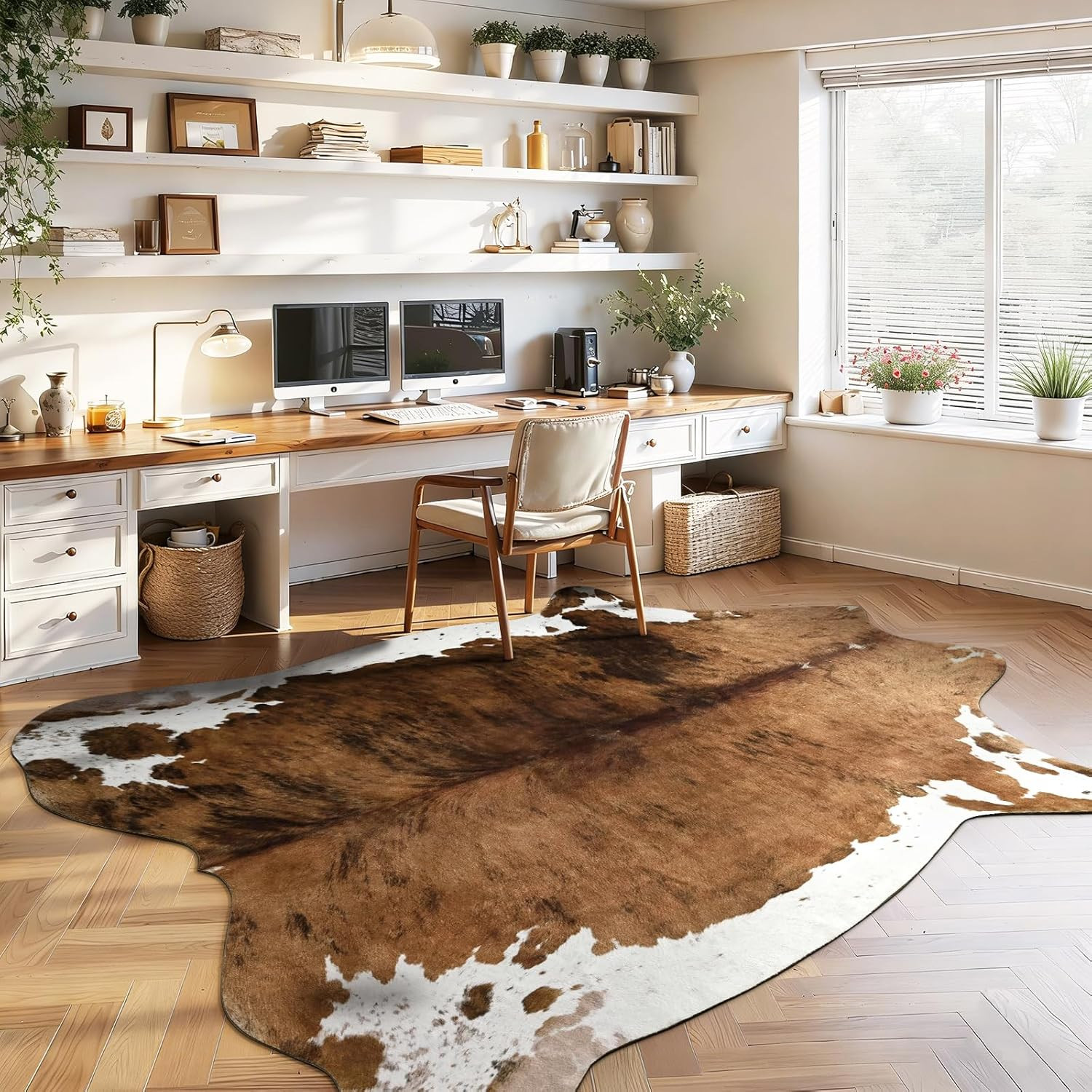 Faux Cowhide Print Rug for Living Room, 4.6 X 5.2 Ft Brown Western Animal Cow Hi