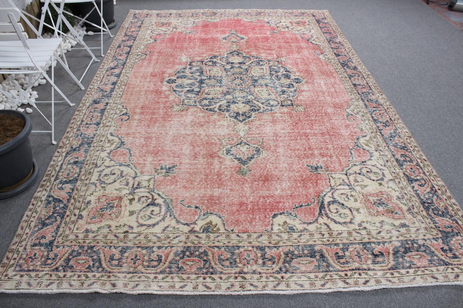 6,9×10,5 ft Vintage Oversize Rug, Red Blue Turkish Camouflage Wool Rug