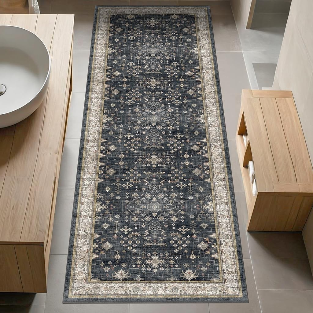 Elegant 2×6 Black Floral Boho Runner Rug – Soft, Washable & Stain Resistant