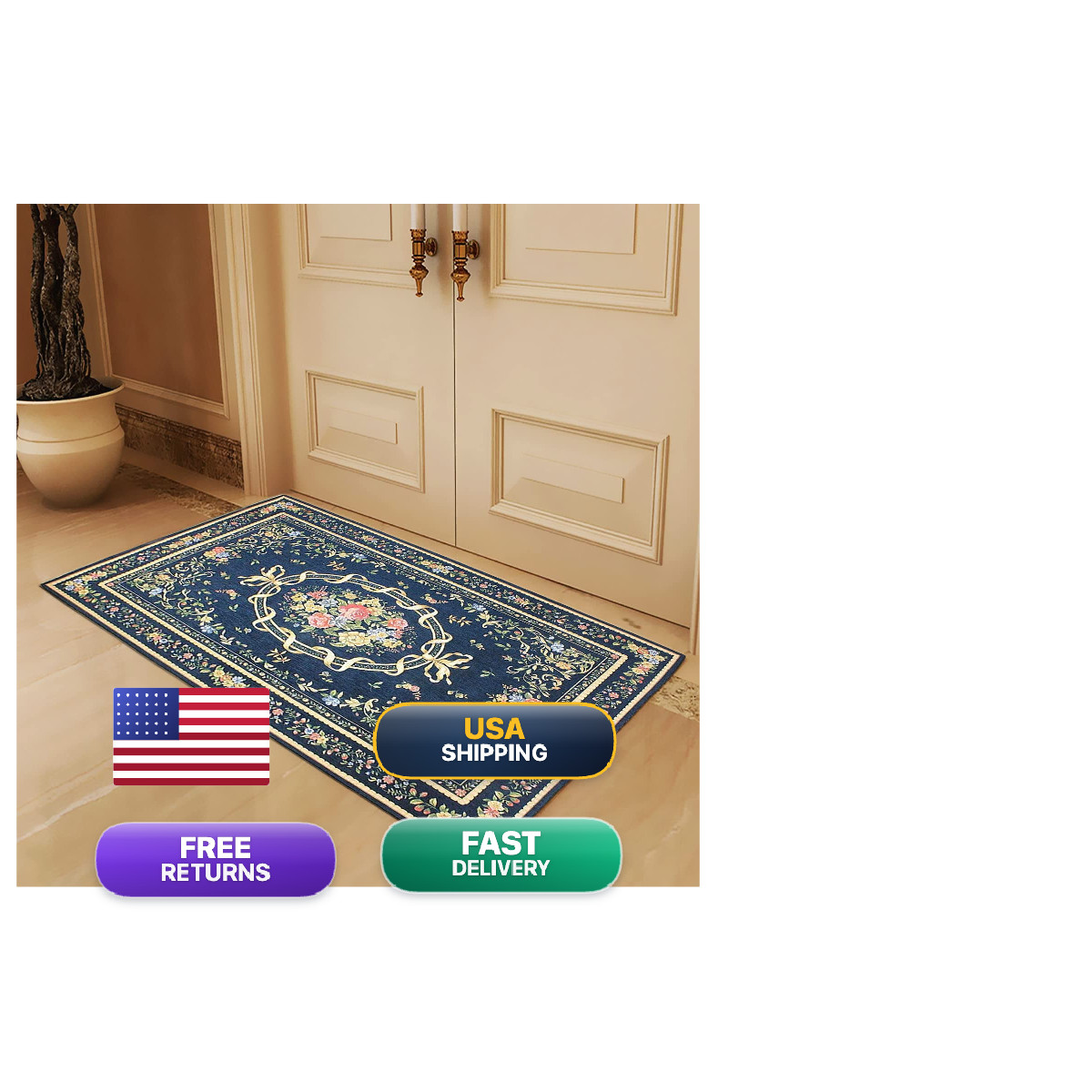 Ukeler Luxury Rustic Floral Door Mat Washable Elegant Shabby Rose Rug Non Slip