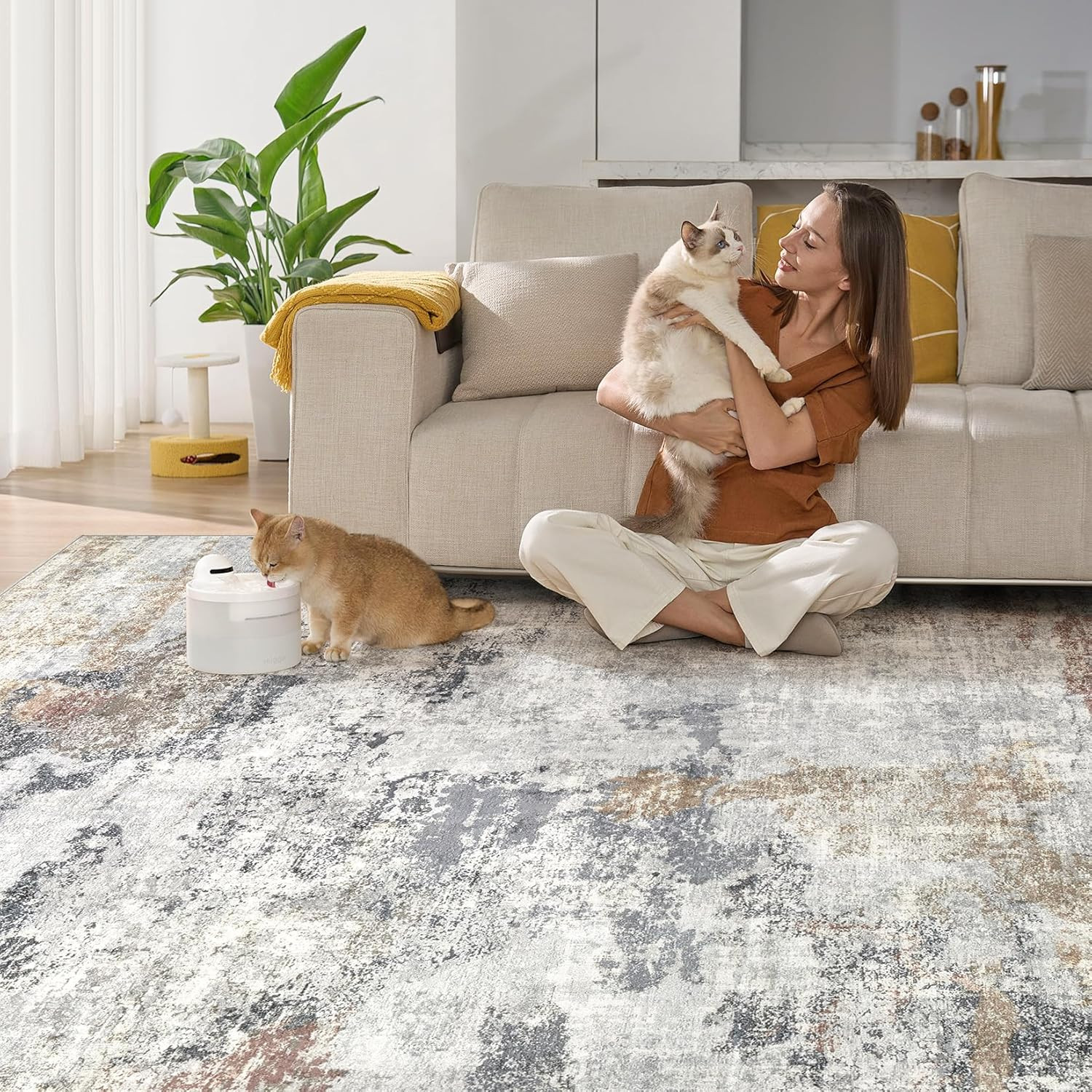 Modern 7X9 Washable Area Rug – Non-Slip, Kid & Pet Friendly, Grey/Orange/Yellow