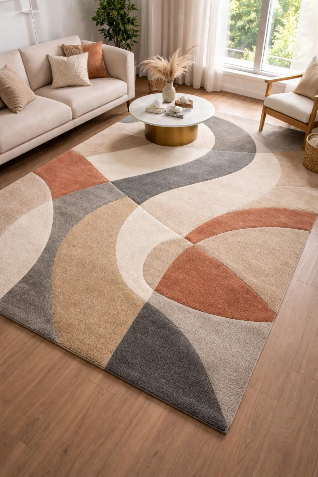 Hand Tufted Wool Rug, Modern Abstract Geometric Design, Beige Terracotta Rug.