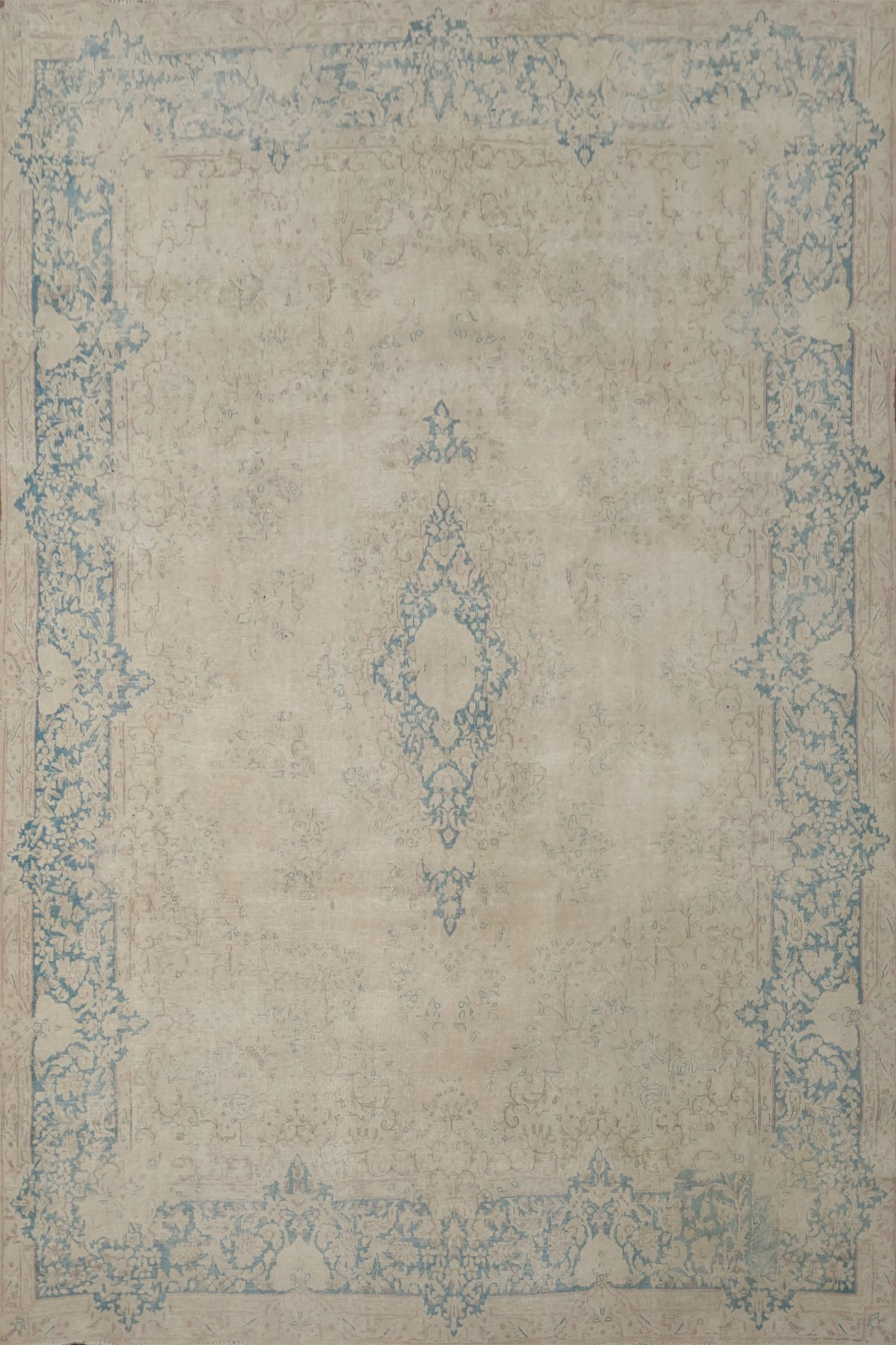 Traditional Distressed Rug 10×13 Handmade in Neutral Tones with Blue Highlights