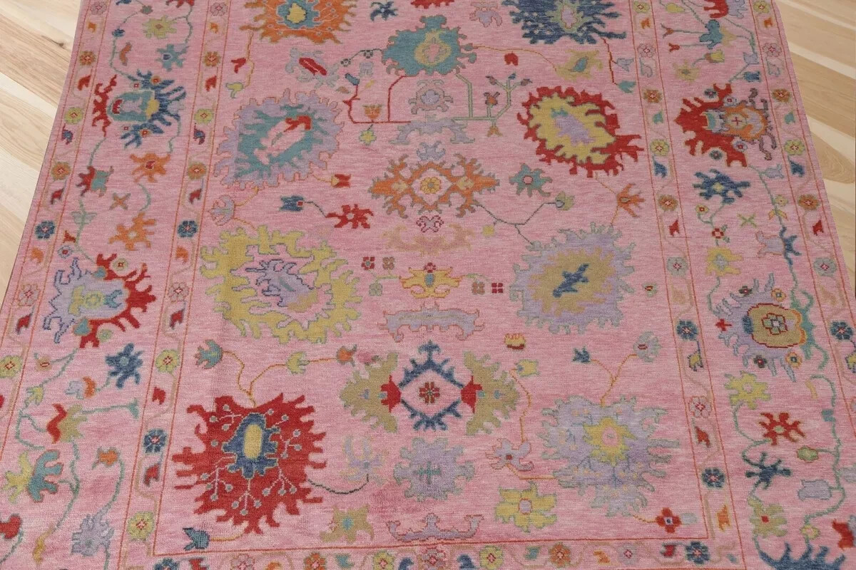 Hand Knotted Pink Floral Oushak Turkish Contemporary ethnic Rugs for living area