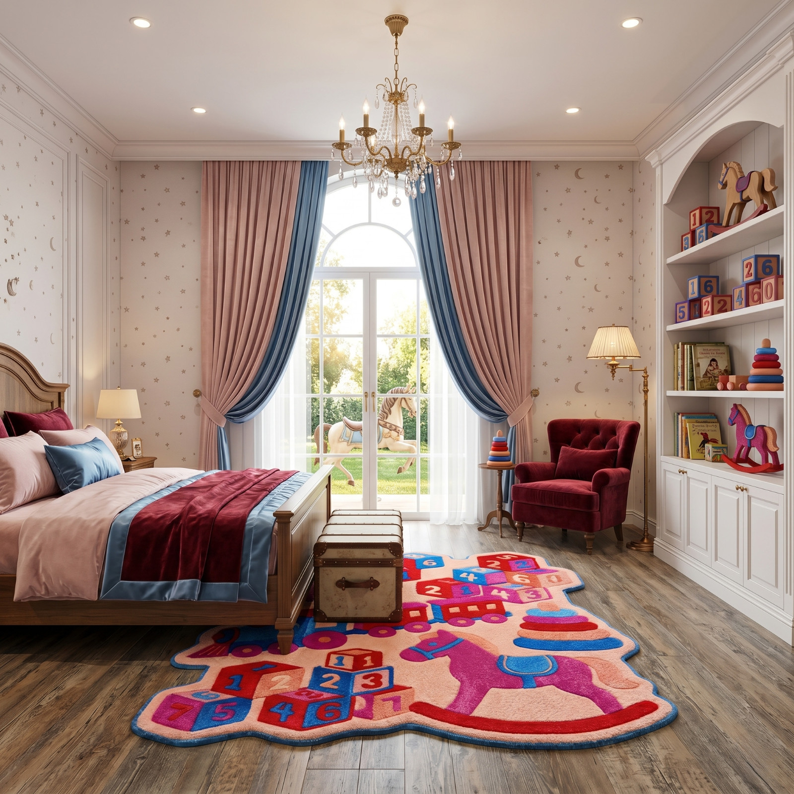 8×10 Ft Hand Tufted Wool Rug Pink Blue Kids Rocking Horse Carpet Aryan Exports
