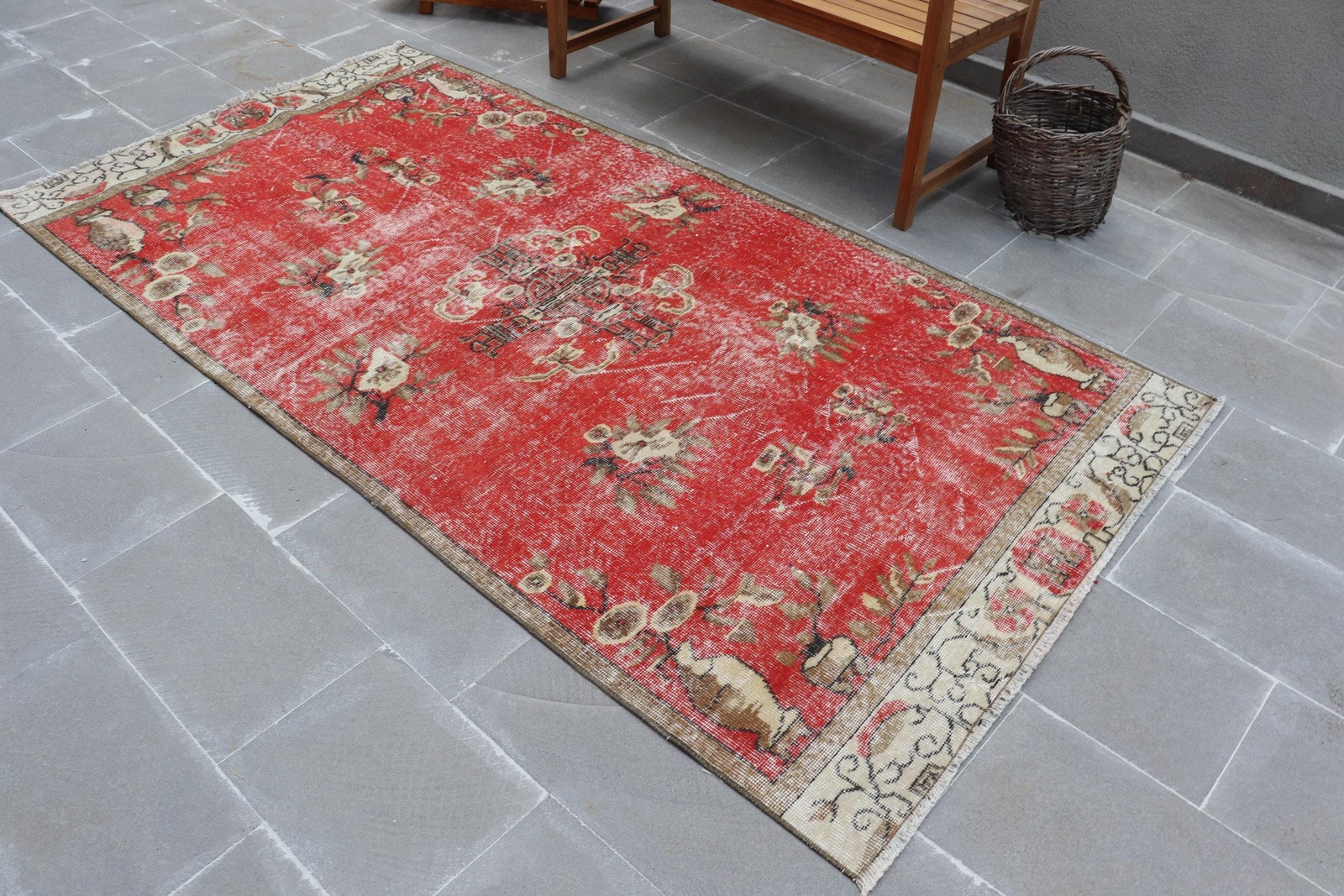 4,3×8,3 ft Rug, Turkish Vintage Rug, Red Moroccan Wool Rug