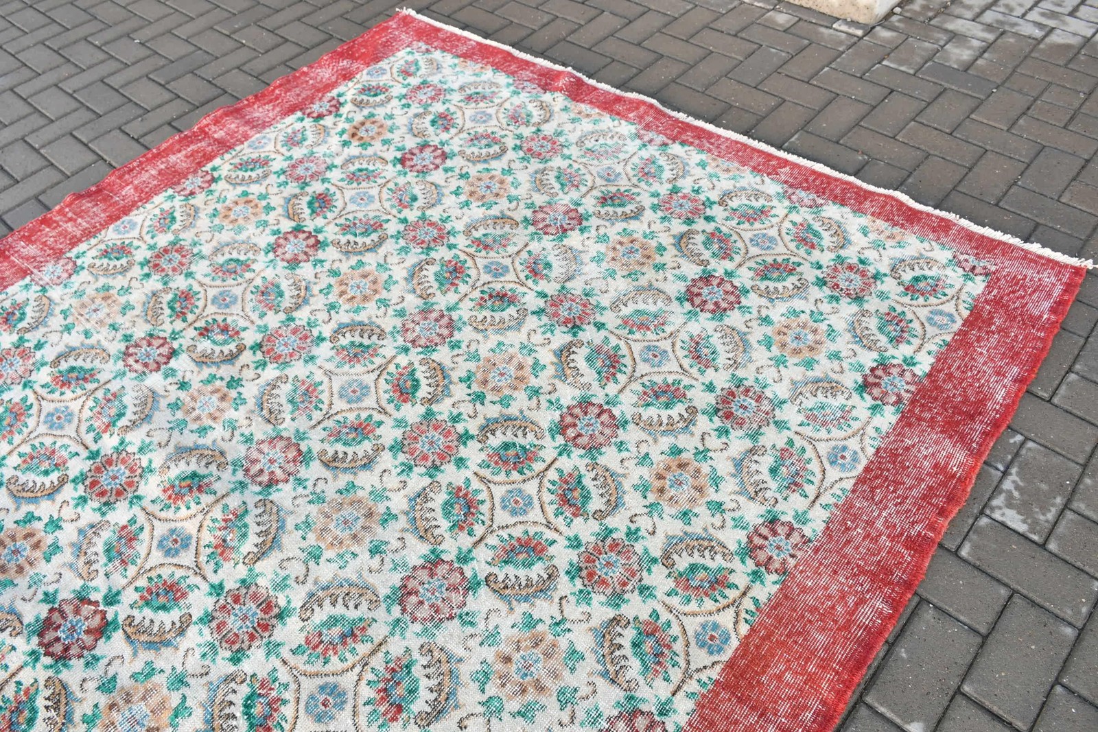 Turkish 6,9×10,2 ft Rug, Vintage Rug, Red Polka dot Wool Rug