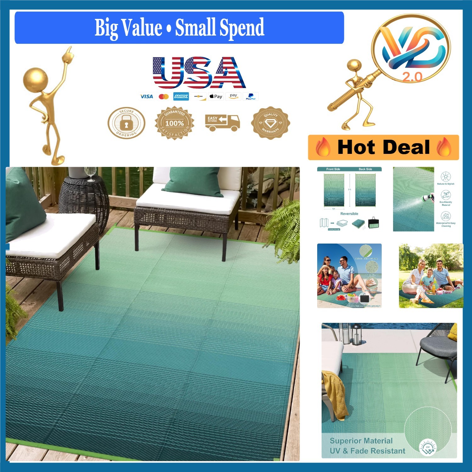 Outdoor Reversible Waterproof Plastic Straw Rug 5×8 Blue-Green Camping Porch