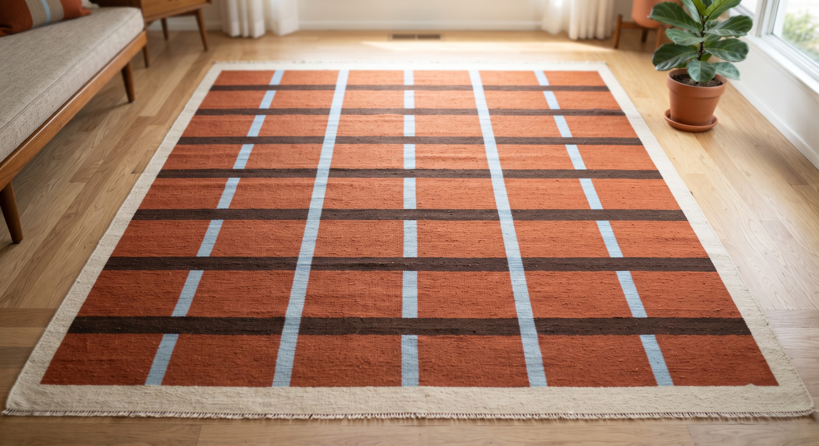 Mid-Century Modern Handwoven Area Rug, Rust Orange & Brown Geometric Abstract