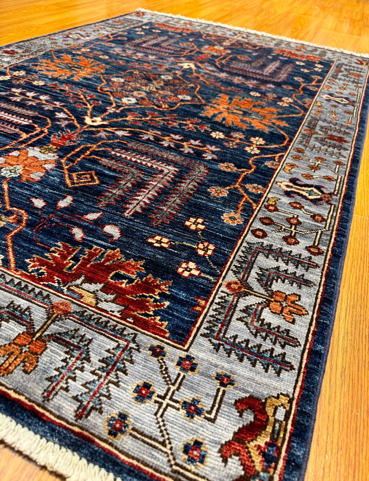 3 X 5 Ft Navy Blue Gray Afghan Hand Knotted Wool Rug