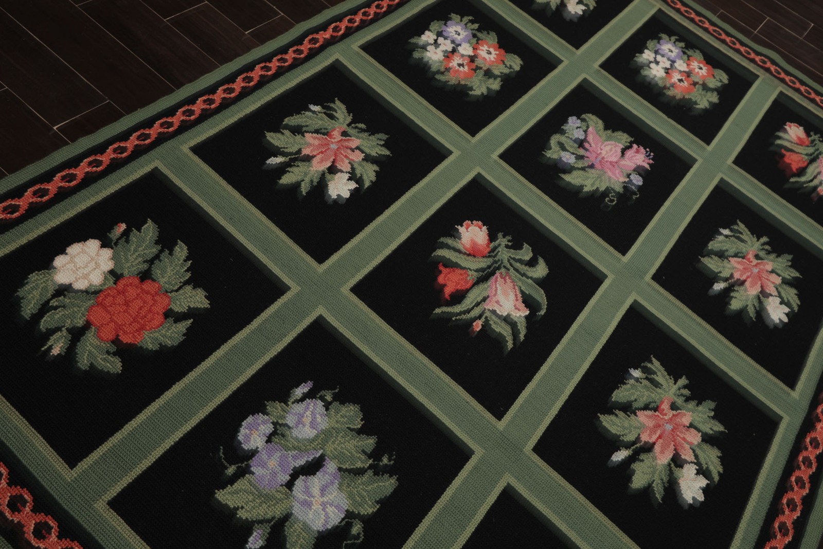 6×9 Hand Woven Wool Black Portugese Needlepoint Traditional Rug