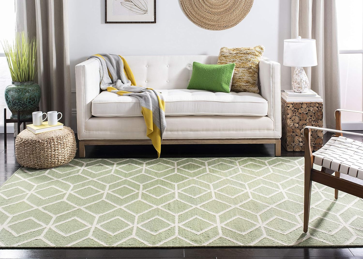 Handmade Wool Dhurries Area Rug – 6′ Square, Sage & Ivory for High Traffic Areas