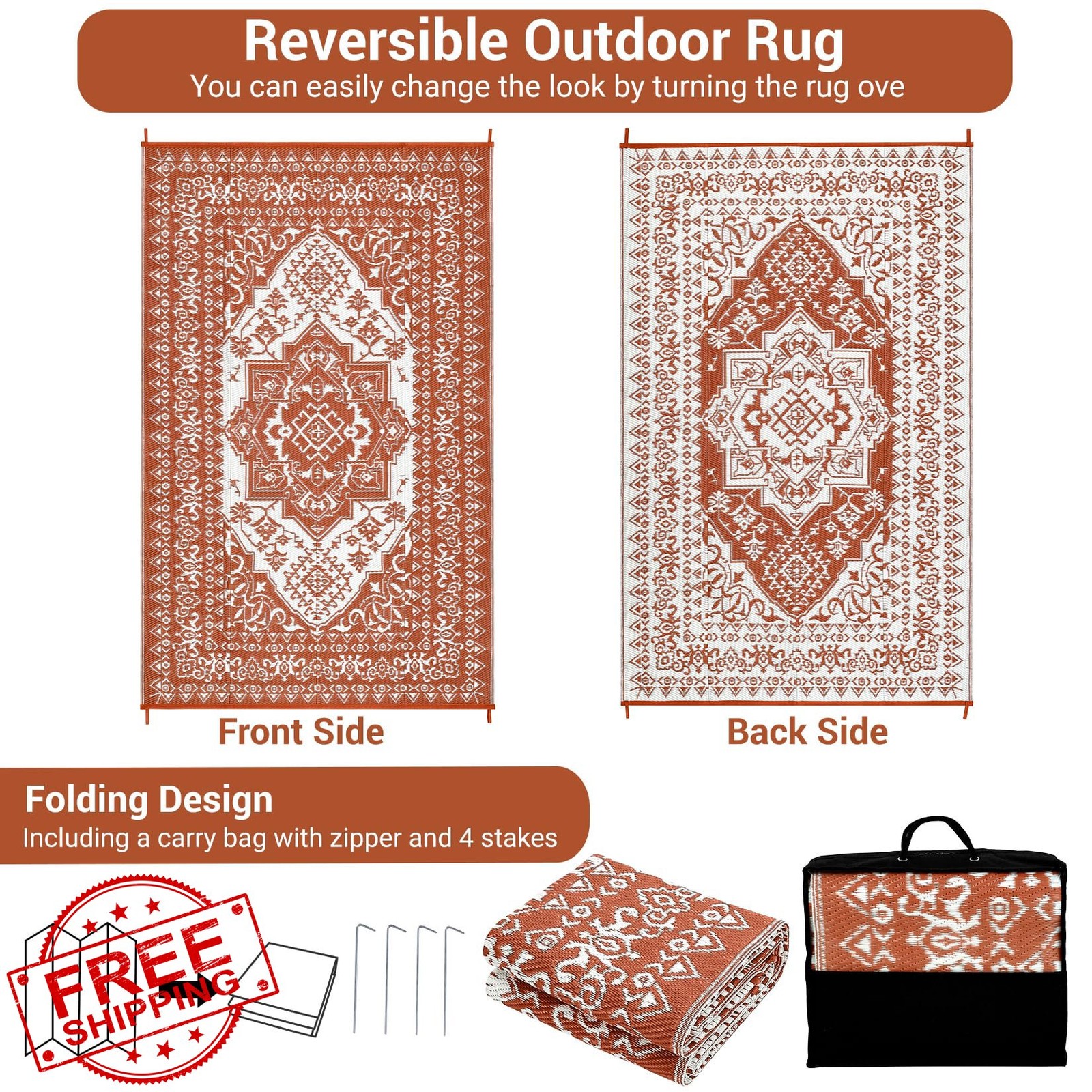 LUXLOOM Boho 8×10 Orange Straw Rug Reversible