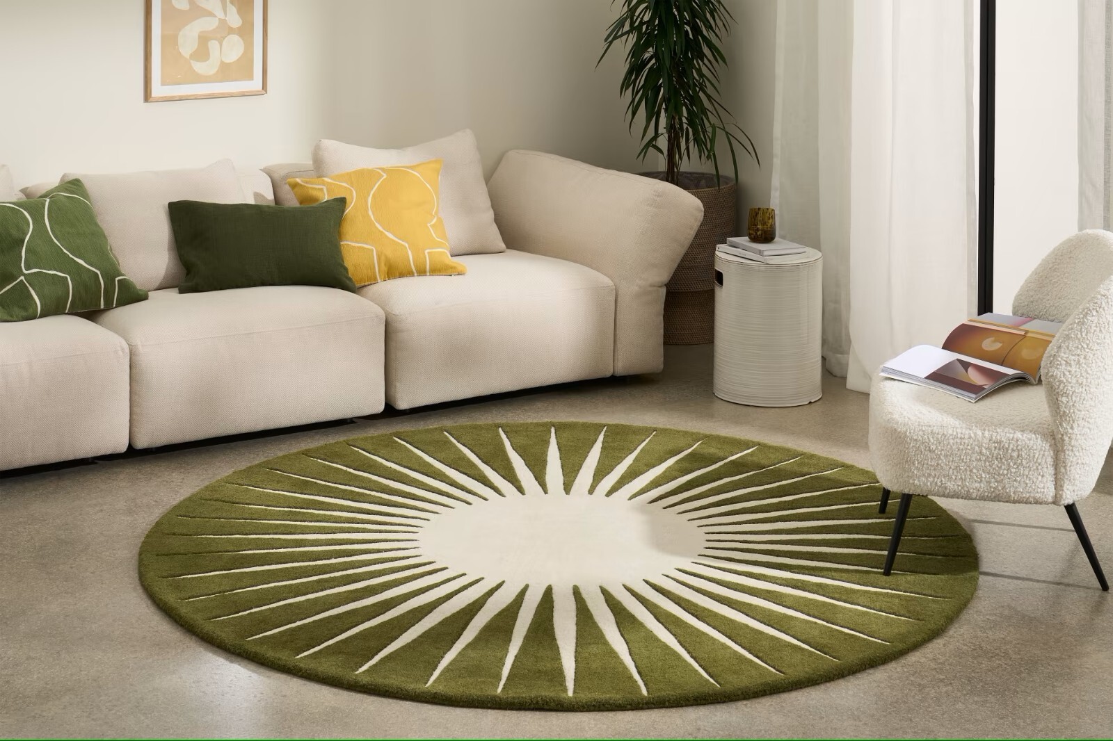 Modern Hand-Tufted Wool Area Rug, Sunburst Design, Moss Green Round Accent Decor