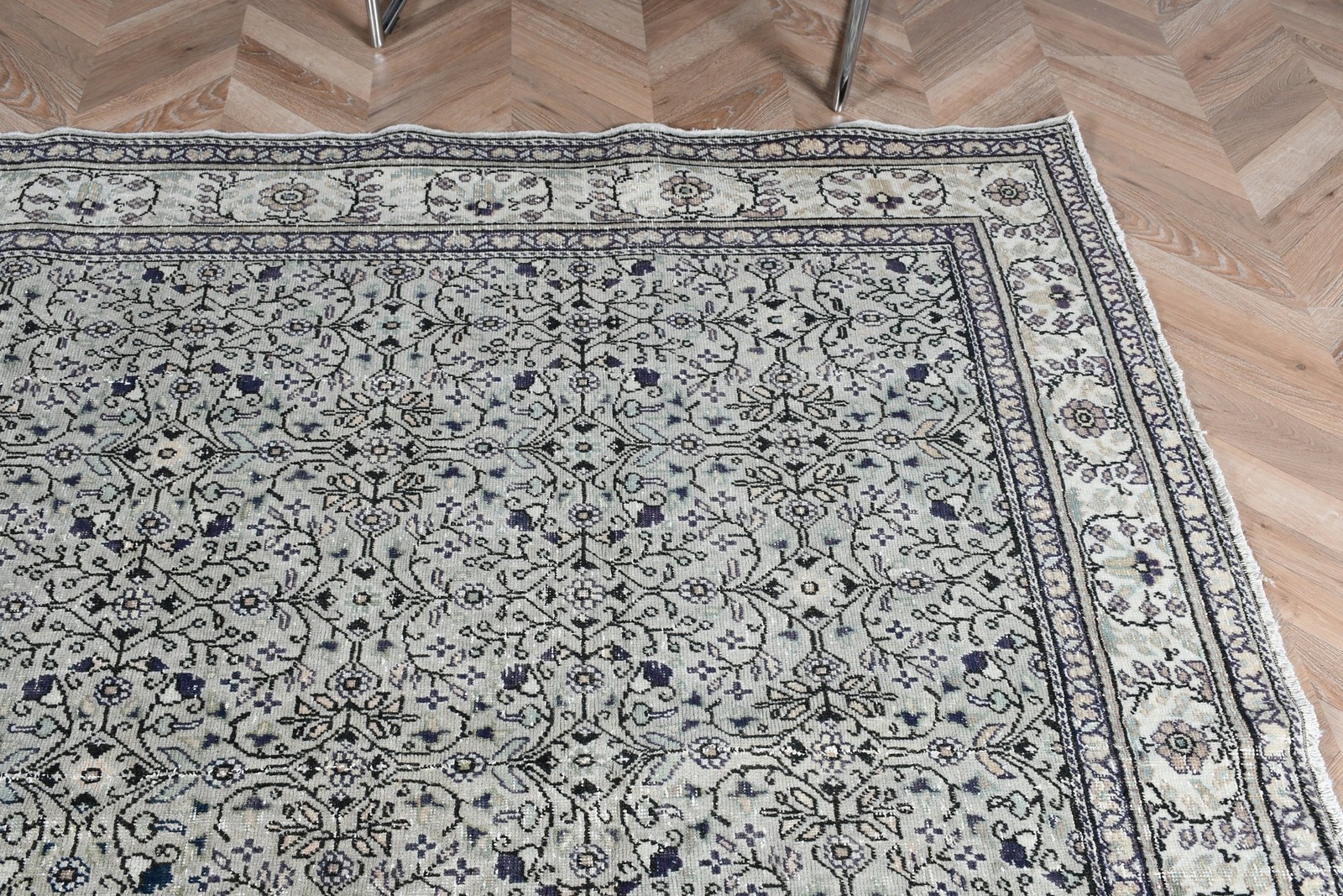 Vintage Turkish Rug, 6,46×8,9 ft Rug, Blue Gray Solid Rug