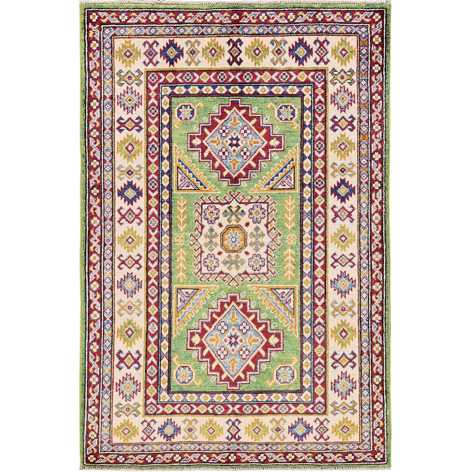 3’4″x5′ Swamp Green Kazak with Geometric Design Hand Knotted Pure Wool Rug R339