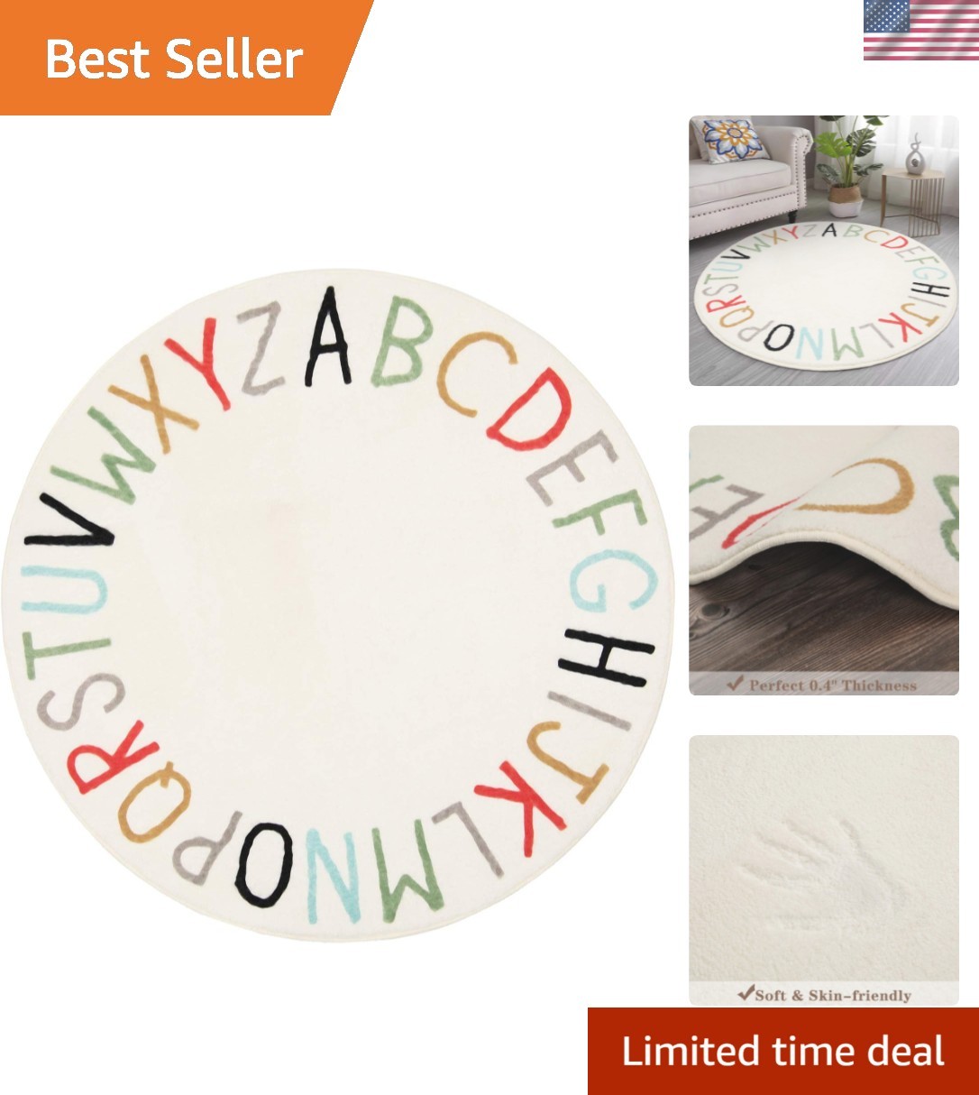 Rainbow Round Kids Play Rug Alphabet Nursery Area Rug Extra Large Soft Crawli…