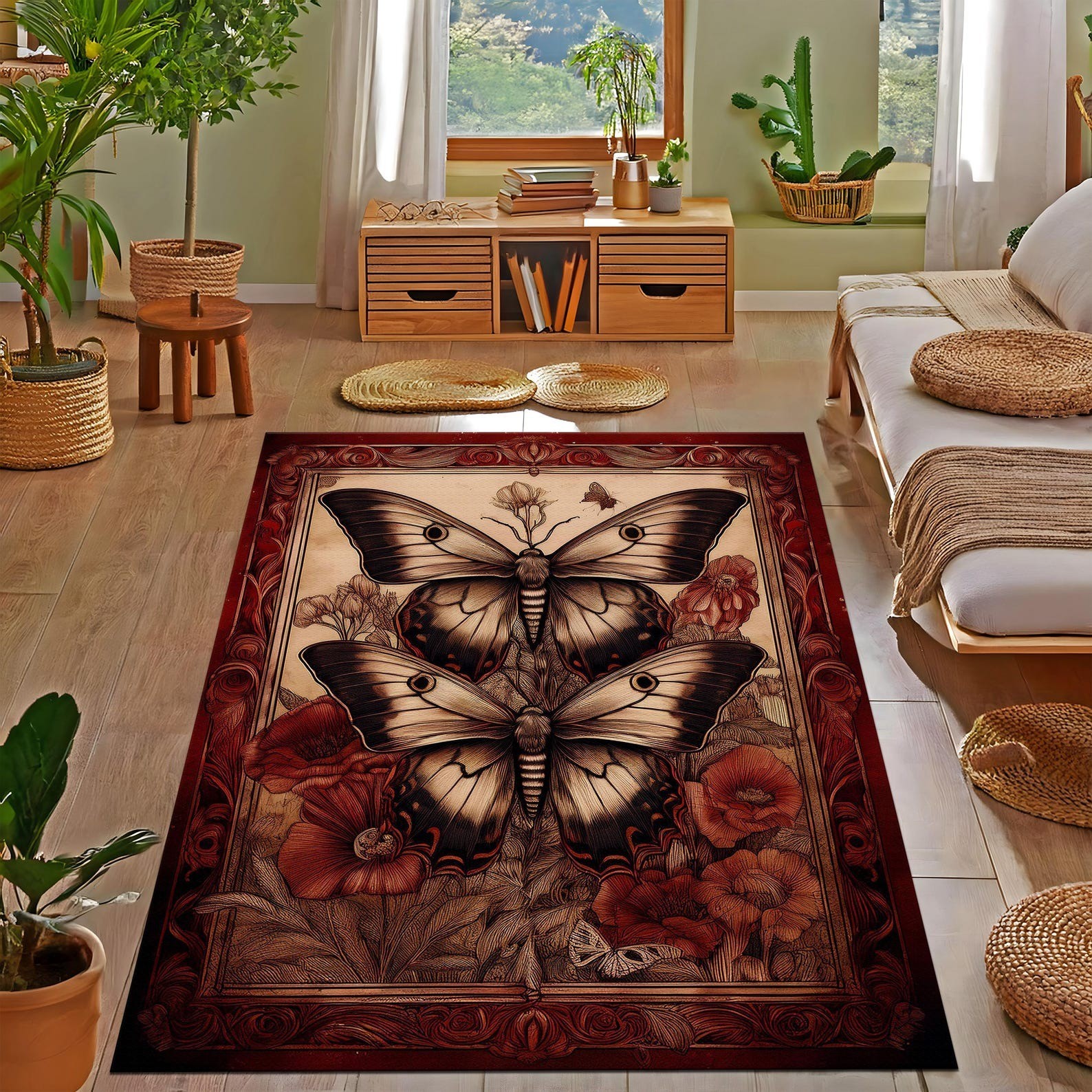Luna Moth Rug, Mystic Butterfly Rug, Cottagecore Decor, Maroon Cherry Red