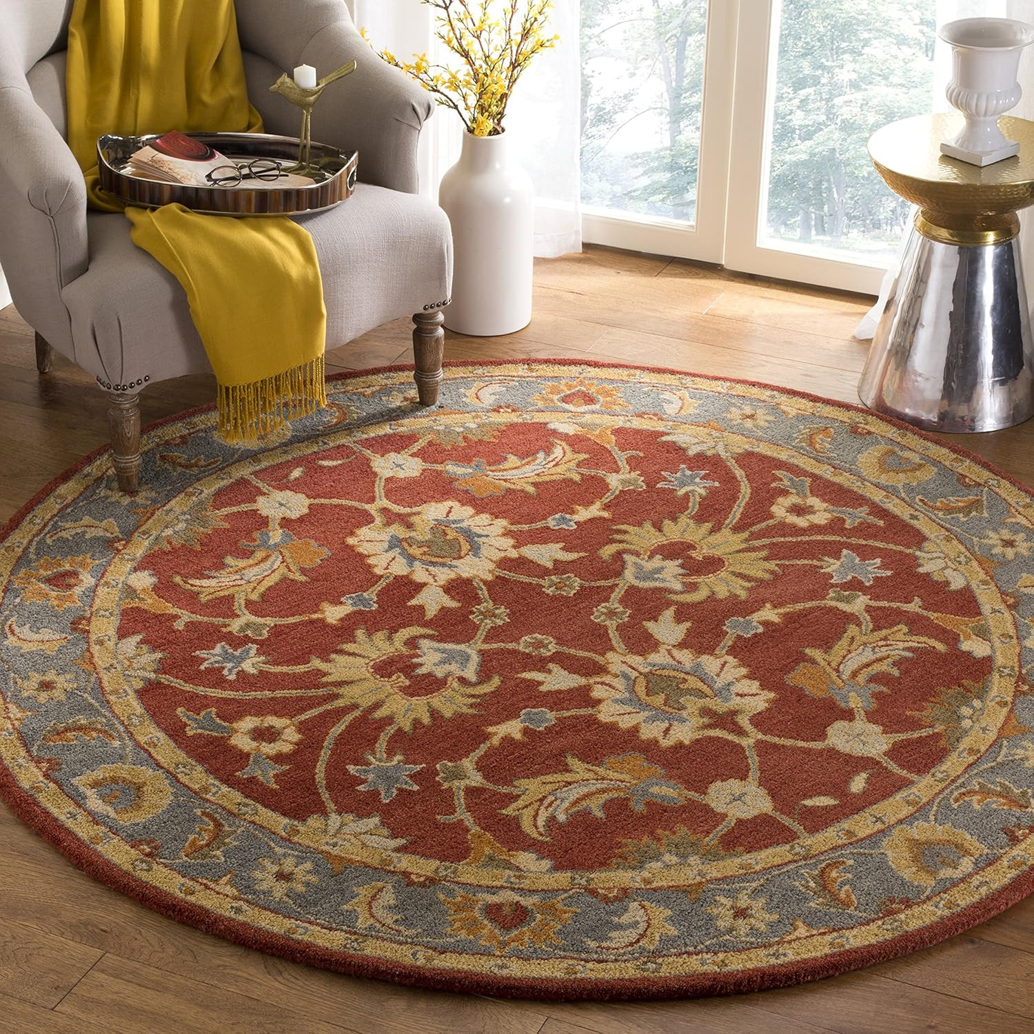 Handmade 6′ Round Red & Blue Oriental Wool Area Rug for High Traffic Areas
