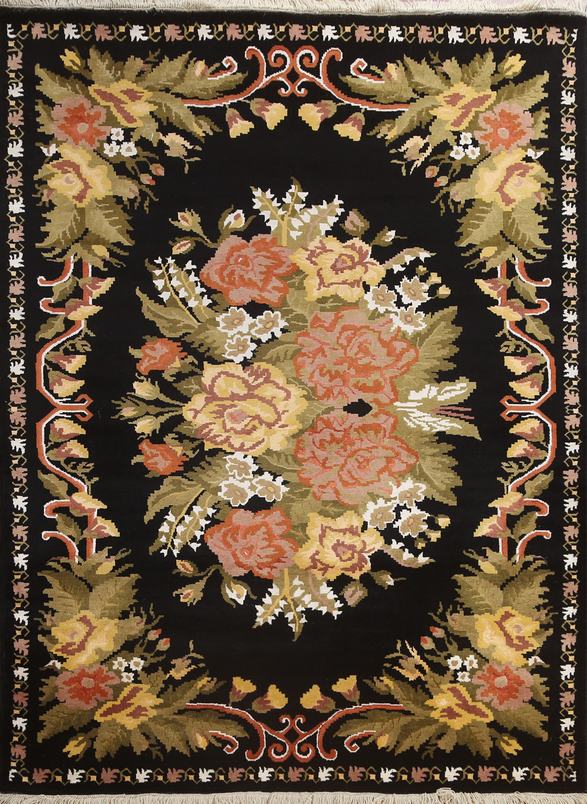 Vegetable Dye Aubusson Rug 6×8 Ft Floral Wool Carpet Handmade Floral Wool & Silk