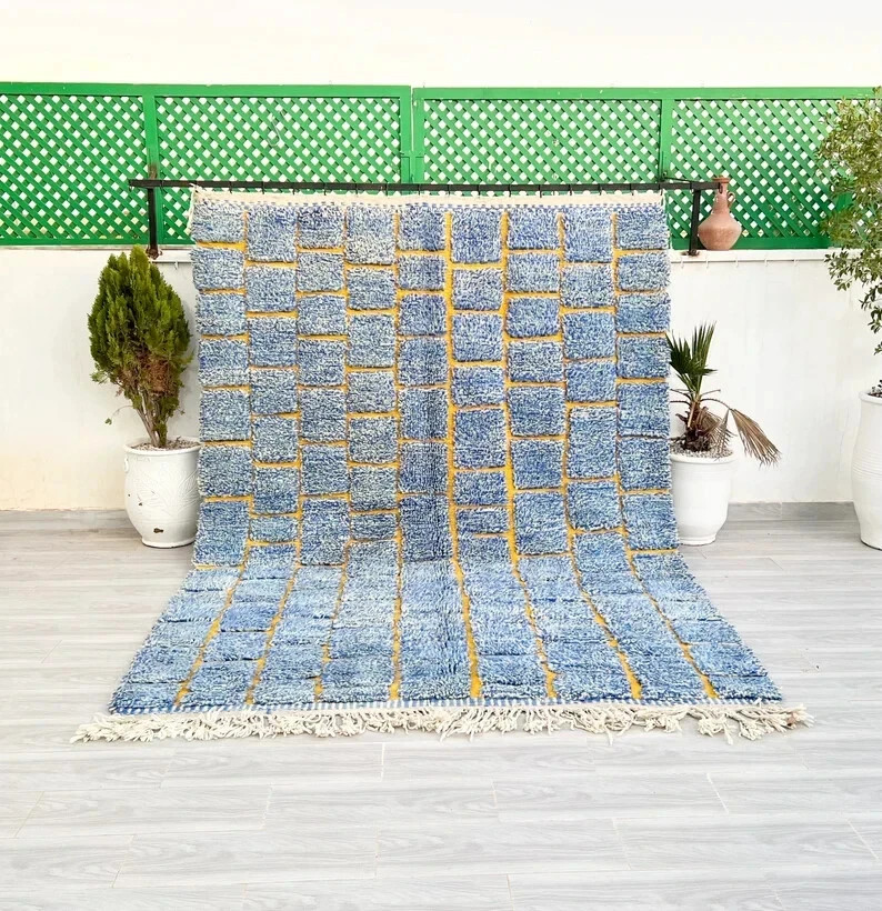 Modern Moroccan Berber Beni Ourain Wool Rug Color Blue Handmade Carpet Rug