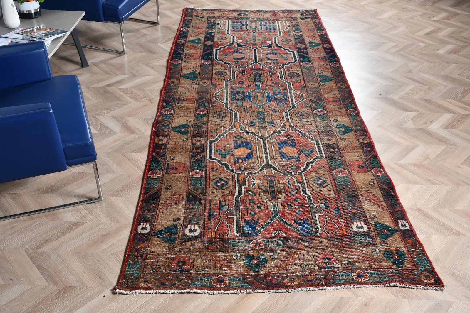 4,5×10,9 ft Turkish Rug, Red Abstract Vintage Rug Wool
