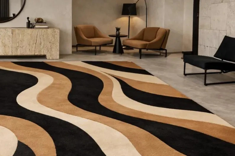 Modern Abstract Round Area Rug Black Beige Brown Wavy Design Carpet Living Room