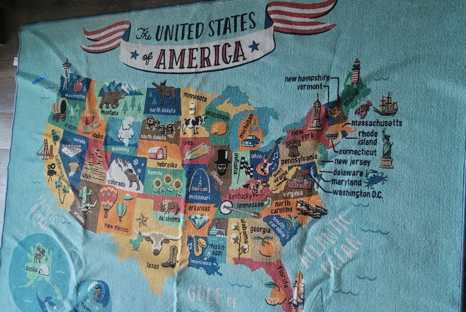 MAP OF THE UNITED STATES Rug 70X48 W PICTURES EDUCATIONAL Learning kids